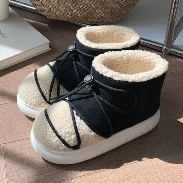 Winter Warm Snow Boots Fur Design Women Short Boots Non-slip Light Comfortable Men Home Slippers High Top Bread Shoes, Black, 38-39