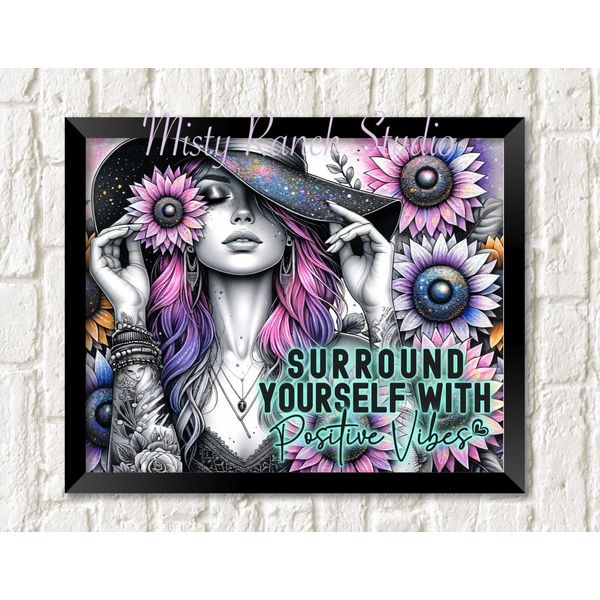 "Surround Yourself with Positive Vibes" UNFRAMED ART PRINT Tattoo Hippie Girl