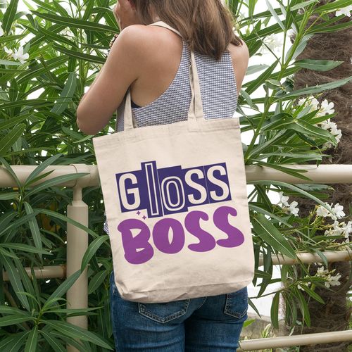12oz Canvas Tote Bag - Gloss Boss, Name for Lip Gloss Lover, Enthusiast or Collector - Beauty Themed Merch for Makeup Artist or Cosmetologist, Gift for Makeup Lovers & Beauticians