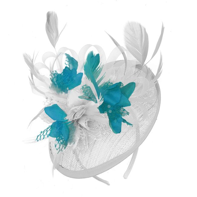 Caprilite White and Teal Turquoise Sinamay Disc Saucer Fascinator Hat for Women Weddings Headband