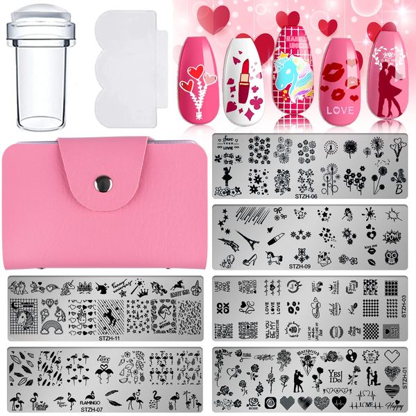 Kalolary 9Pcs Nail Art Stamping Plates Set, Valentine's Day Flower Unicorn High Heel Heart Image Stamp Templates Stamping with Stamper Scraper Storage Bag Manicure Stencils Tools