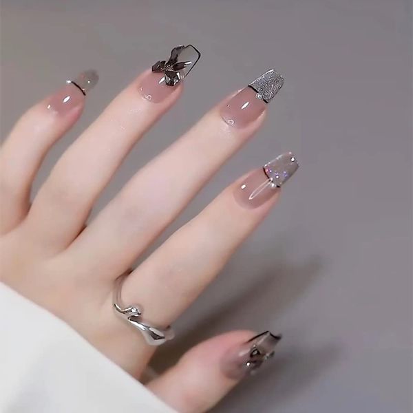 Set of 24 Nail Tip Black Unique Design Trapezoid Style Scandinavian Nail