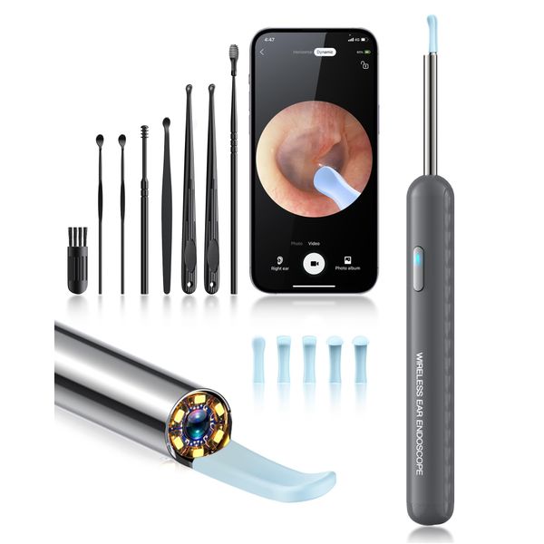 Ear Wax Removal, Ear Cleaner Camera with 1080P, Ear Cleaning Kit with 6 Ear Pick, Ear Camera for iPhone, iPad, Android Phones, with 8 Pcs Ear Set (Gray)