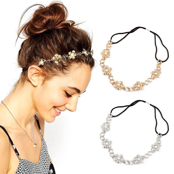 Zasjon Faux Pearl Headband, 2 Pcs Alloy Headband Floral Headband Metal Headband Vintage Elegant Hair Bands Head Chain Hair Jewellery Bridal Headpiece Pearl Bohemian Hair Band for Women Girls