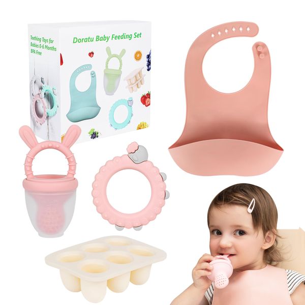 DORATU Baby Feeding Set, Baby Fruit Feeder for Batch Preparation of New Foods,Breast Milk Popsicle Moulds, Silicone Teething Toys, Silicone Bibs,Bpa Free,Dishwasher Safe