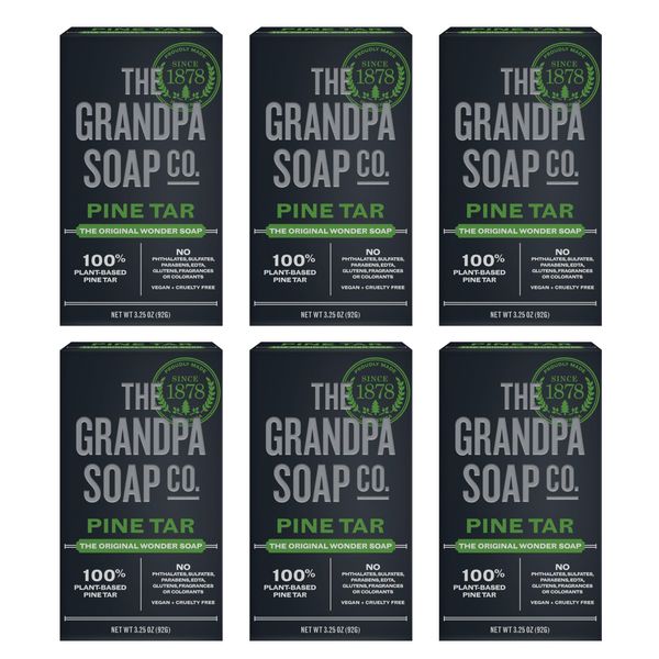 The Grandpa Soap Company Pine Tar Bar Soap for Men- Made With 100% Plant-Based Pine Tar Oil, 3 in 1 Cleanser Deodorizer and Moisturizer, Dermatologist Tested, Safe for Sensitive Skin, 3.25 Oz, 6 Pack