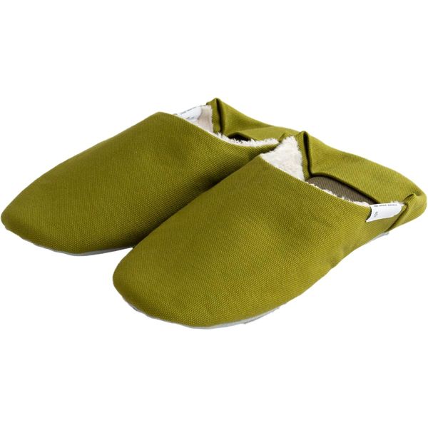 [ABE HOME SHOES] Canvas Babouche with Boa Slippers, For Winter, Washable, Solid, Made in Japan, green (olive green)