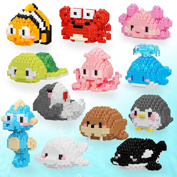 TENYEAH Party Favors for Kids, 12 Packs Mini Marine Animals Micro Building Blocks Set, Classroom Prizes, Small Toy Prizes, Goodie Bags, STEM Toys, Birthday Gift for Kids Ages 8-14+