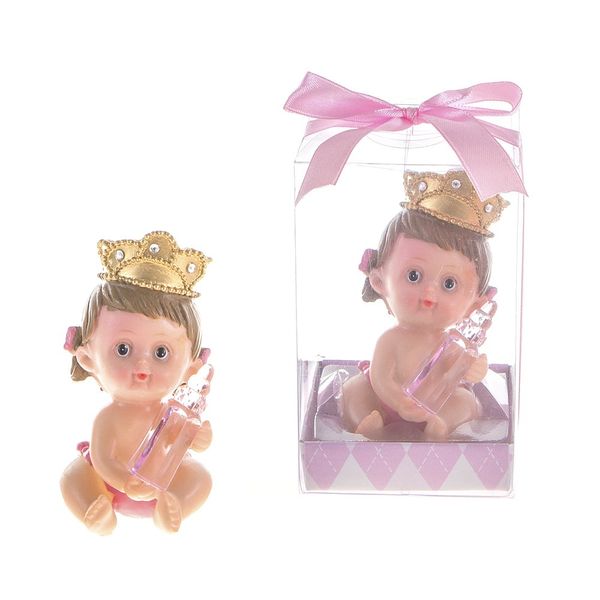 Lunaura Baby Keepsake - Set of 12 "Girl" Baby Wearing Crown Holding Baby Bottle Favors - Pink