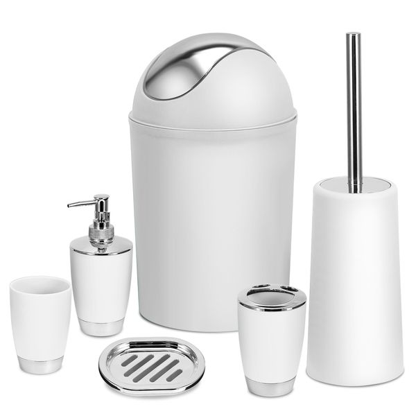 Bathroom Accessories Set 6 Pcs Bathroom Set Ensemble Complete Soap Dispenser Toothbrush Holder Tumbler Soap Dish Toilet Cleaning Brush Trash Can - White