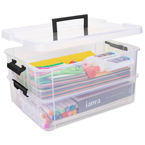 TERGOO 2 Layer Plastic Storage Containers with Lids, Multipurpose Clear Stack & Carry Box, Portable Craft Organizers and Storage Bin for Organizing Art & Craft, Sewing, Makeup, Nail Supplies (Black)