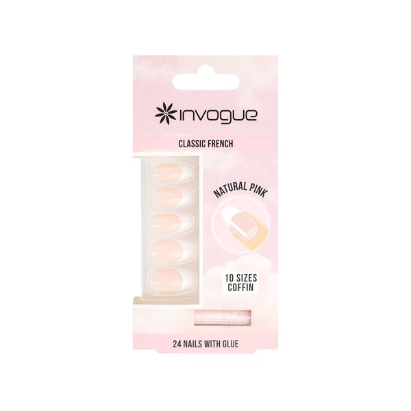 Invogue Coffin Natural Pink False Nails With Glue 24 Pack