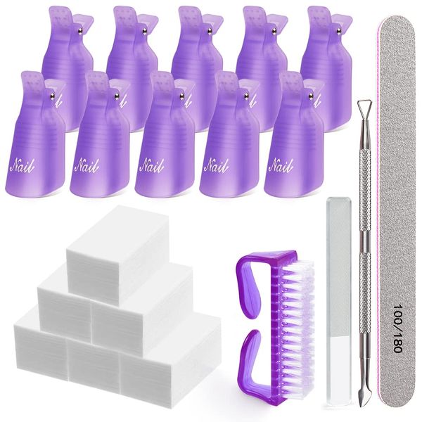 Gel Polish Remover Kit, MORGLES 10pcs Nail Remover Clips Nail Clips 300pcs Nail Wipe Cotton Pads Nano Glass Nail File Cuticle Pusher Nail File Grit 100/180 and Brushes-Purple