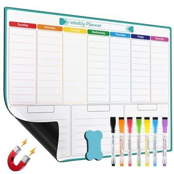 Weekly Dry Erase Board for Fridge, Magnetic Calendar Whiteboard White-Weekly