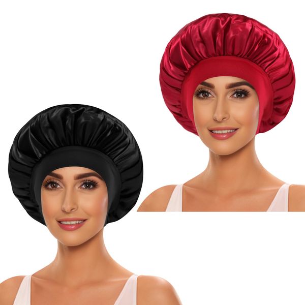 Selalu 2Pcs Satin Bonnet for Sleeping, Silk Hair Wrap for Curly Hair with Elastic Wide Band, Black Satin Bonnet for Women (Black, Red)