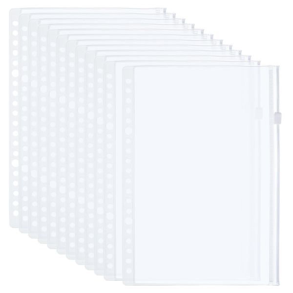 PATIKIL A5 Binder Pockets, Set of 12 PVC Zippers, 20 Holes Binder Pouches for Folders, Documents, Waterproof, Filing, Storage, Loose Leaf Bags, 20 Ring Notebook Binders, Clear