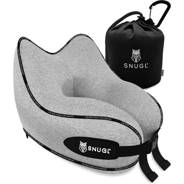 SNUGL Travel Pillow - Memory Foam Neck Cushion - Flight Pillow | Support Neck Pillow for Travel | Travel Neck Pillow for Airplane with Carry Bag & Clip | Flying Travel Essentials (Grey - Regular)