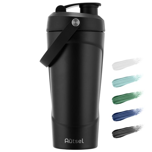 Autsel Stainless Steel Protein Shaker Bottle with Handle, 750ml Metal Protein Shaker with MixBall, Insulated Water Bottle for Gym, BPA Free