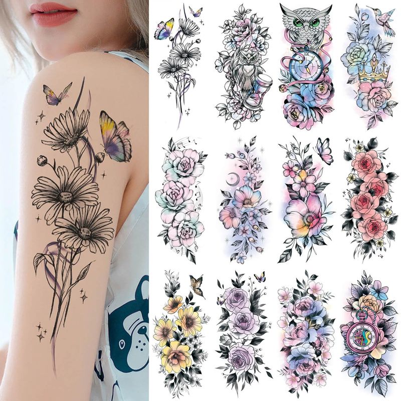 Set Of 12 Flower & Butterfly Temporary Tattoos - Waterproof Fake Body Art Stickers 7 thumbnail image