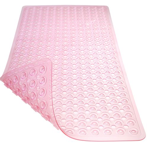 TEESHLY Bath Mat for Tub & Shower, Non Slip Soft Bathmat with Suction Cups & Drain Holes, Machine Washable Bathtub Floor Liner Mats for Bathroom, 35x16 Inch, Clear Pink