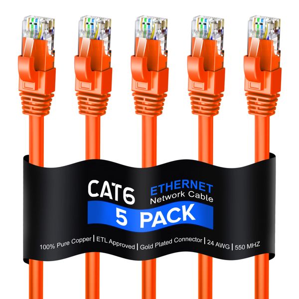 Maximm Cat 6 Ethernet Cable 7 Ft, 100% Pure Copper, Cat6 Cable (5 Pack) LAN Cable, Internet Cable, Patch Cable and Network Cable - UTP (Orange) 7 Feet