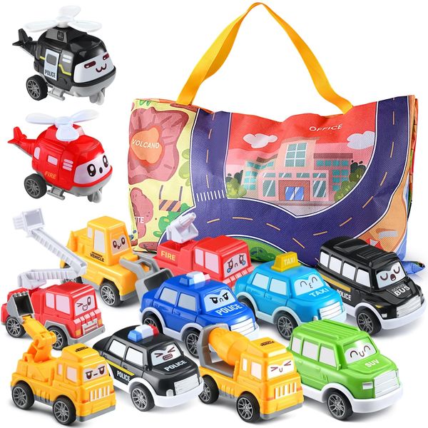 Doloowee Toddler Pull Back Car Toys (12 pcs) Baby Car Toys with Playmat Storage Bag Baby Toys 12-18 Months,Toddler Toys Age 1-2