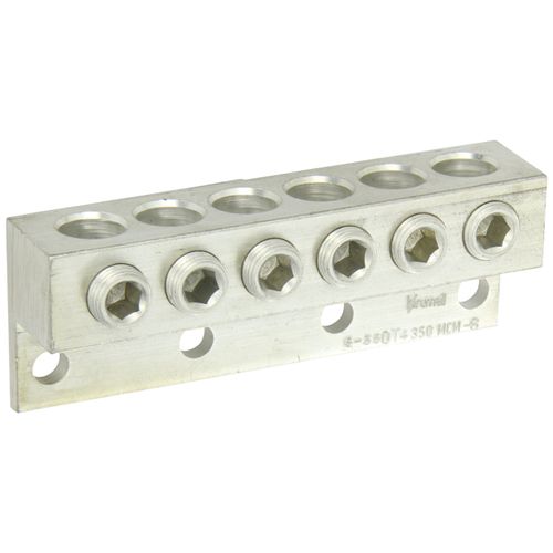 Dual Rated Transformer Lug, 350 MCM - 6 AWG Wire Range, 0.375" Mouting Hole, 3/8" Hex Size, 4.66" Width, 1.25" Height, 2.25" Length