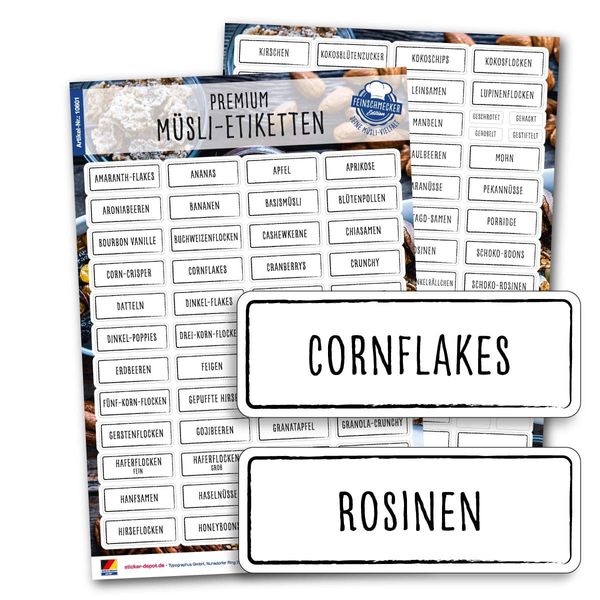 105 Müsli Aufkleber - eckig - schwarz/weiß - Haushaltsetiketten zum Beschriften von Vorratsdosen, Vorratsgläser, Dosen und Schütten (schwarz/weiß)