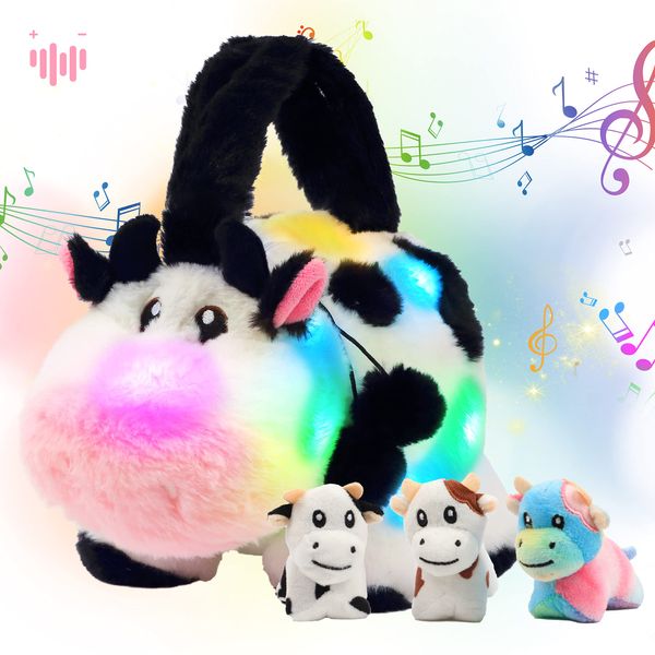 Hopearl LED Musical Stuffed Cow Handbag Lighting Up Singing Plush Toy Tote Bag Playset Mommy Cow with 3 Baby Dairy Cows in her Tummy Lullaby Animated Soothe Gifts for Kids, 11''