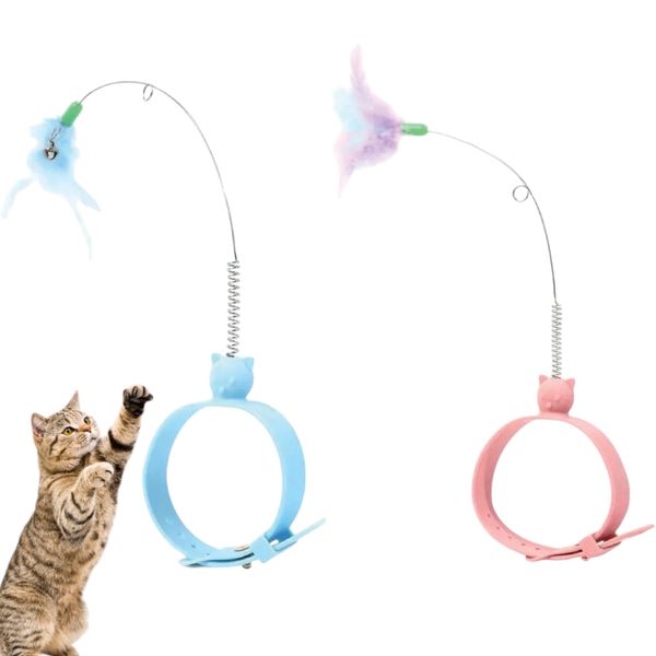 Interactive Cat Collar Toy with Bell, 2 Pack Premium Feather Wand for Indoor Kittens, Lightweight and Adjustable Silicone Collar, Fun Self Playing Toy with Colorful Natural Feathers, Pink/Blue