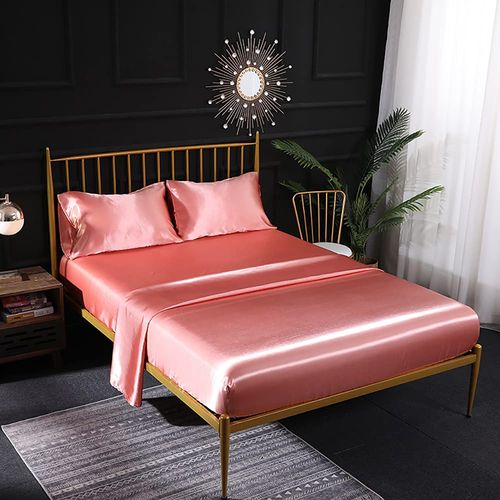 Thmyo Satin Bed Sheet Set,Extra Soft Deep Pocket Silky Satin Sheet Set with 1 Fitted Sheet +1 Flat Sheet + 2 Pillow Cases (4-Piece Sakura Pink, Queen)