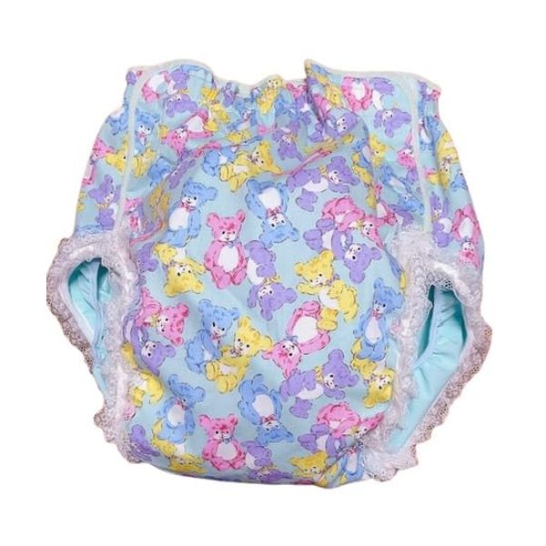 Adult Diaper Cover Teddy Bear PU Resistant Light Blue Lace (S´ (Green Trim))