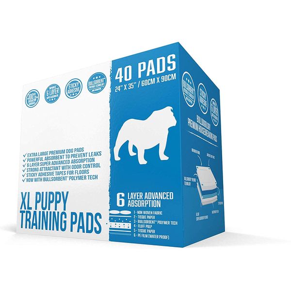 Bulldogology Puppy Pee Pads XL with Adhesive Sticky Tape - Dog Puppy Pads Extra Large, Disposable Puppy Pads, Dog Training Wee Pads (24x35) 6 Layers with Bullsorbent Polymer Tech (40-Count, White)