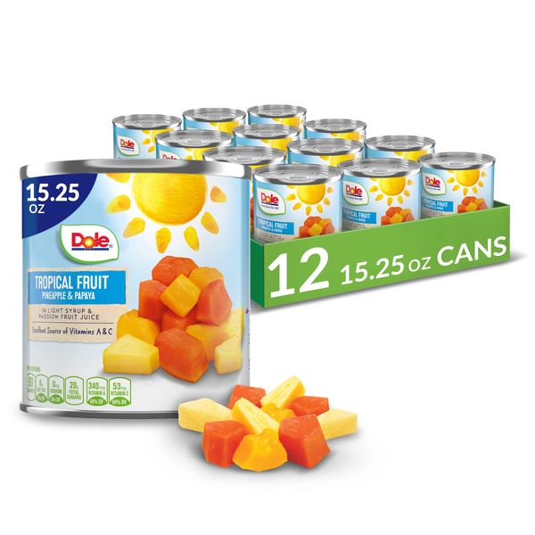 Dole Canned Tropical Fruit in Light Syrup & Passionfruit Juice, Pineapple & Papaya, Gluten Free, Pantry Staples, 15.25 Oz, 12 Count, Packaging May Vary