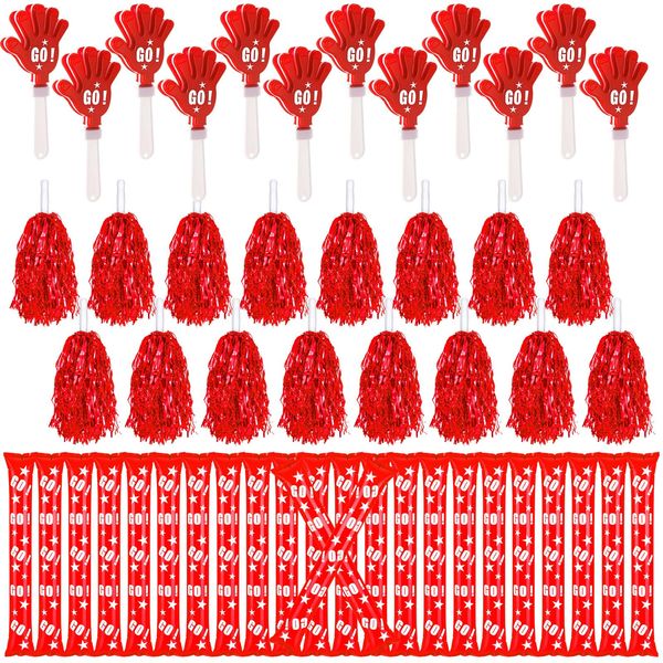 Hungdao 60 Pcs Noise Makers Party Favors Include 24 Pcs Thunder Sticks Cheer Sticks 12 Pcs Hand Clapper 24 Pcs Cheerleading Pom Poms for Sporting Events Football Games Spirit Accessories(Red)