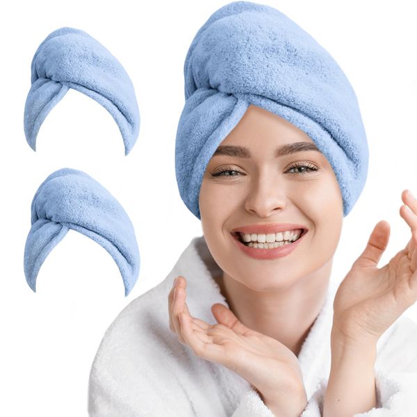 AGLIFEFY 2 Packs Microfiber Hair Towel Wrap for Women Super Absorbent Quick Dry Hair Turban for Drying Curly, Long & Thick Hair SkyBlue+SkyBlue