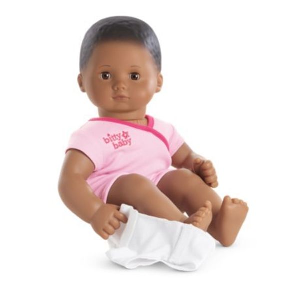 American Girl - Bitty Baby Doll Dark Skin Textured Black Hair Brown Eyes BB1 with Pink Bodysuit