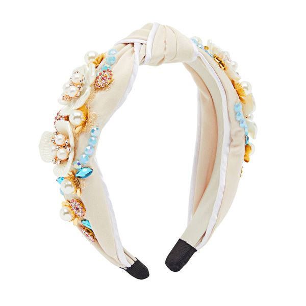 Glamlily Twisted Knot Jeweled Headband for Women, Beaded Floral Design (6 In, Cream Color)