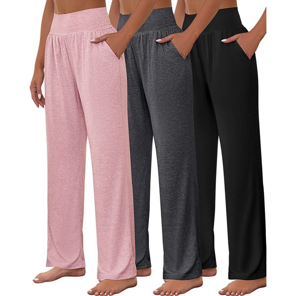 Neer 3 Pcs Women's Wide Leg Yoga Pant Comfy Loose Sweatpants High Waist Lounge Casual Athletic, Workout Joggers Pant (as1, Alpha, x_l, Regular, Regular, Black, Dark Gray, Pink)