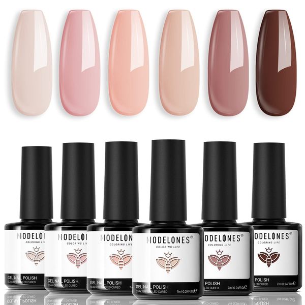 modelones Gel Nail Polish Kit -6 Colors Nude Pink Gel Polish Set Skin Tones Neutral Brown Soak Off Gel Nail Kit Manicure DIY Nail Art Salon Home Gift