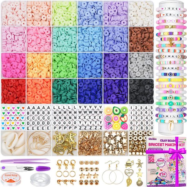 Gionlion 6000 Clay Beads Bracelet Making Kit, Friendship Bracelet Kits Preppy Beads for Jewellery Making, Flat Heishi Beads for Bracelet Arts and Crafts Gifts for Teen Girls