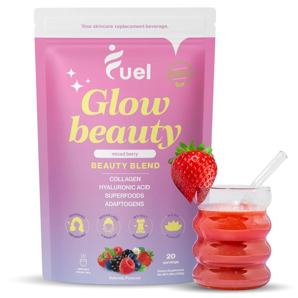 Fuel Collagen Peptides Powder by Glow Beauty - Organic Powder Collagen Drinks for Women with Hyaluronic Acid and Biotin, Promotes Skin, Hair and Nail Health, Hydrolyzed Organic Collagen, Mixed Berry