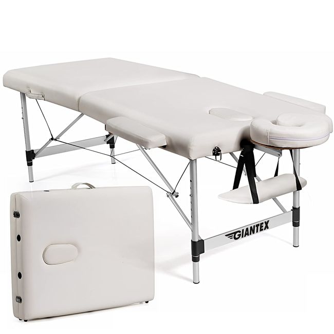 Giantex 84" Massage Table Professional Portable Lash Bed, 2 Folding Lightweight Massage Bed, Aluminum Frame, Height Adjustable, Face Cradle & Side Armrests, Salon Spa Tattoo Bed with Carry Case