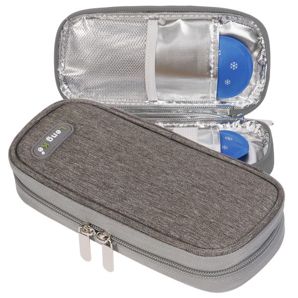 OVAKIA Small Insulin Cooler Travel Case, Medicine Bag Organizer Storage Keep Cooling Wallet for Travelling with 2 Ice Pack (Grey)