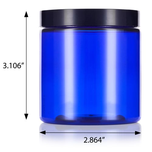 8 oz Cobalt Blue PET (BPA Free) Plastic Jar With Black Smooth Lids (12 pack)