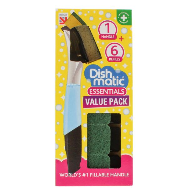 Dishmatic Value Pack Kit – 1x Refillable Washing-Up Liquid Dispensing Handle with 6x Replaceable General-Purpose Sponge Heads – Antibacterial Kitchen Washing-Up Handle with Easy-Grip Handle