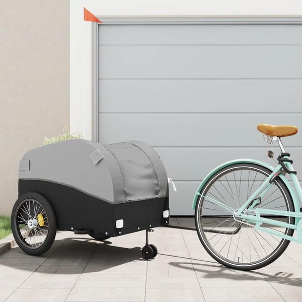 GOLINPEILO Bike Wagon Trailer, Bike Cart with Safety Flag, Bike Trailer Bicycle Cargo Trailer, Black and Gray 99.2 lb Iron, 26.8"x52.4"x26.8"