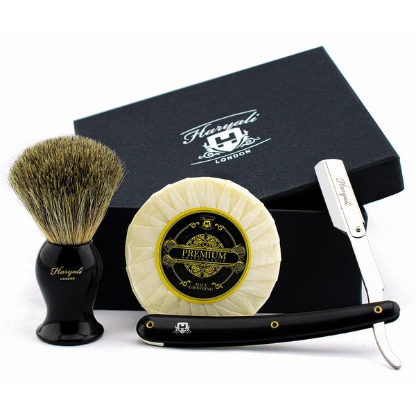 Haryali London Shaving Kit - 3 Pc Shaving Kit - Cut Throat Razor - Badger Hair Shaving Brush Shaving Brush - Shaving Soap - Unique Shaving Set as a Gift Set - Black Color