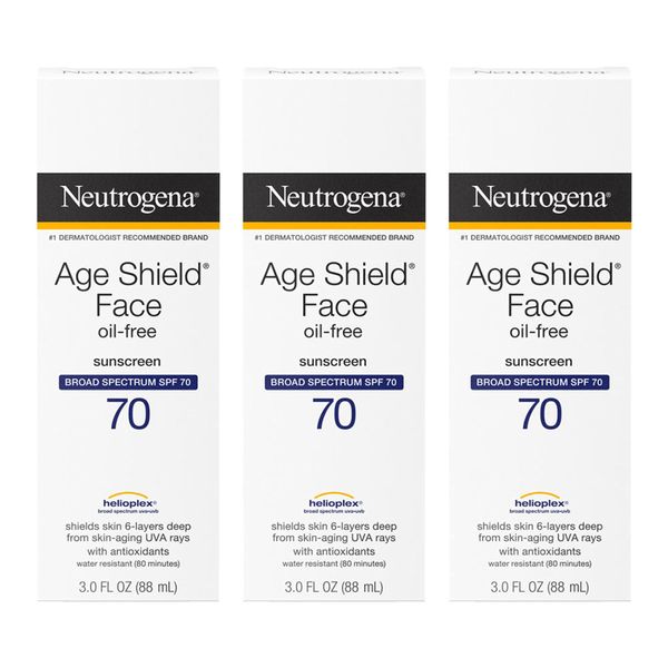 Neutrogena Age Shield Face Oil-Free Sunscreen Lotion with Broad Spectrum SPF 70, Non-Comedogenic Moisturizing Sunscreen to Help Prevent Signs of Aging, PABA-Free, 3 fl. oz (Pack of 3)