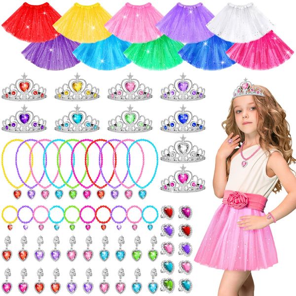 70 Pcs Princess Tutu Crown Dress up Accessories Princess Jewelry Pretend Play Set Tutu Skirts Crowns Adjustable Jewel Necklaces Rings Earrings Bracelets for Girls Christmas Birthday Party Favors